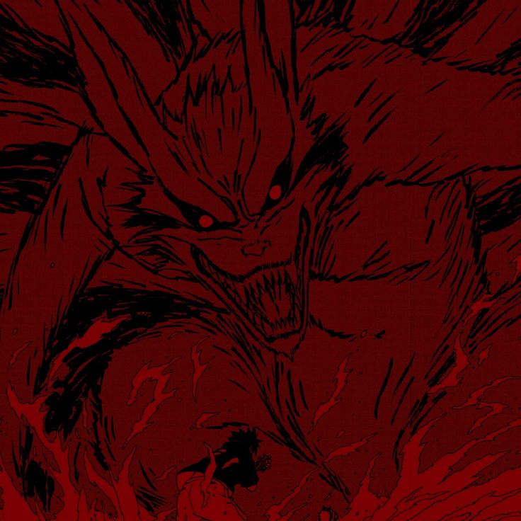 a red background with an image of a demon