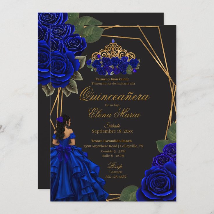 an elegant blue and gold quinceauera birthday party card with roses on it