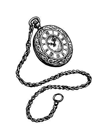 a black and white drawing of an old pocket watch with chain attached to the front