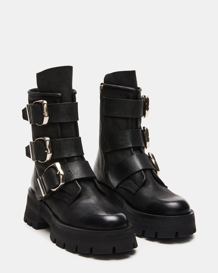 2.25 inch heel height 8.5 inch shaft circumference 6.75 inch shaft height Leather upper material Synthetic lining Synthetic sock Synthetic sole Imported Women's Booties, Steve Madden Store, Apparel Merchandising, Leather Wear, Lug Sole, Boots Outfit, Bootie, Steve Madden, Heel Height