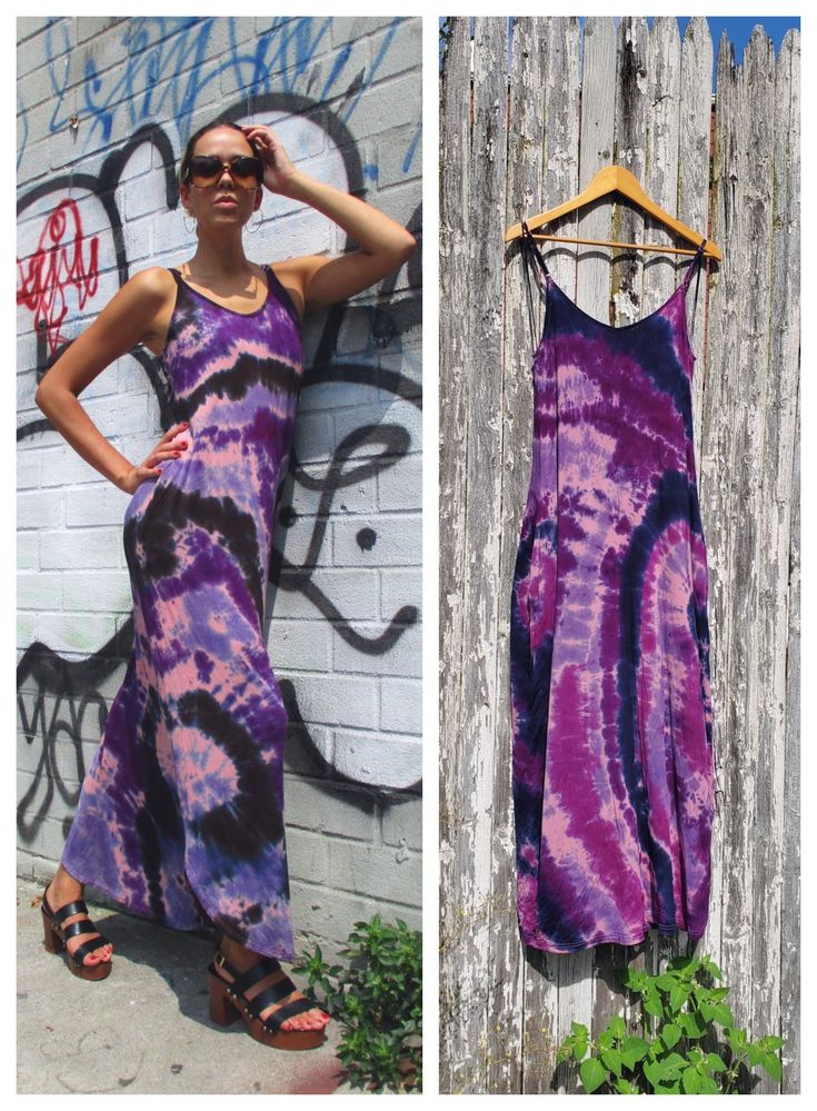 "Purple Tie Dye Summer Dress with Pockets Summer Maxi Dress, S, M, L, Boho Festival Outfit, Comfy Loose Style Adjustable Spaghetti Straps This dress came in a Mauve color, I over-dyed it with Purple & Black colors. PLEASE NOTE This dress listed here is almost identical to the one modeled. The only difference is that these have a STRAIGHT bottom, & no side slits. Also, one of the purple colors is different. Color Combo Options Combo #1 - black-purple-lavender Combo #2 - navy-purple-plum-lavender - Adjustable spaghetti straps - Deep v-back neckline - Side pockets - Side slit - Loose fit This dress comes in 3 sizes;   I have an almost identical Plus-size dress in my other shop HTTP://etsy.com/shop/vacationwardrobe! S, M, L Measurements  Across the Chest: 17\", 18\", 19\" - stretches! Length: Purple Fitted Summer Maxi Dress, Purple Fitted Maxi Dress For Summer, Fitted Purple Maxi Dress For Summer, Casual Purple Cotton Maxi Dress, Summer Cotton Purple Maxi Dress, Summer Purple Cotton Maxi Dress, Purple Cotton Maxi Dress For Summer, Purple Maxi Dress For Summer Festivals, Fitted Purple Cotton Maxi Dress