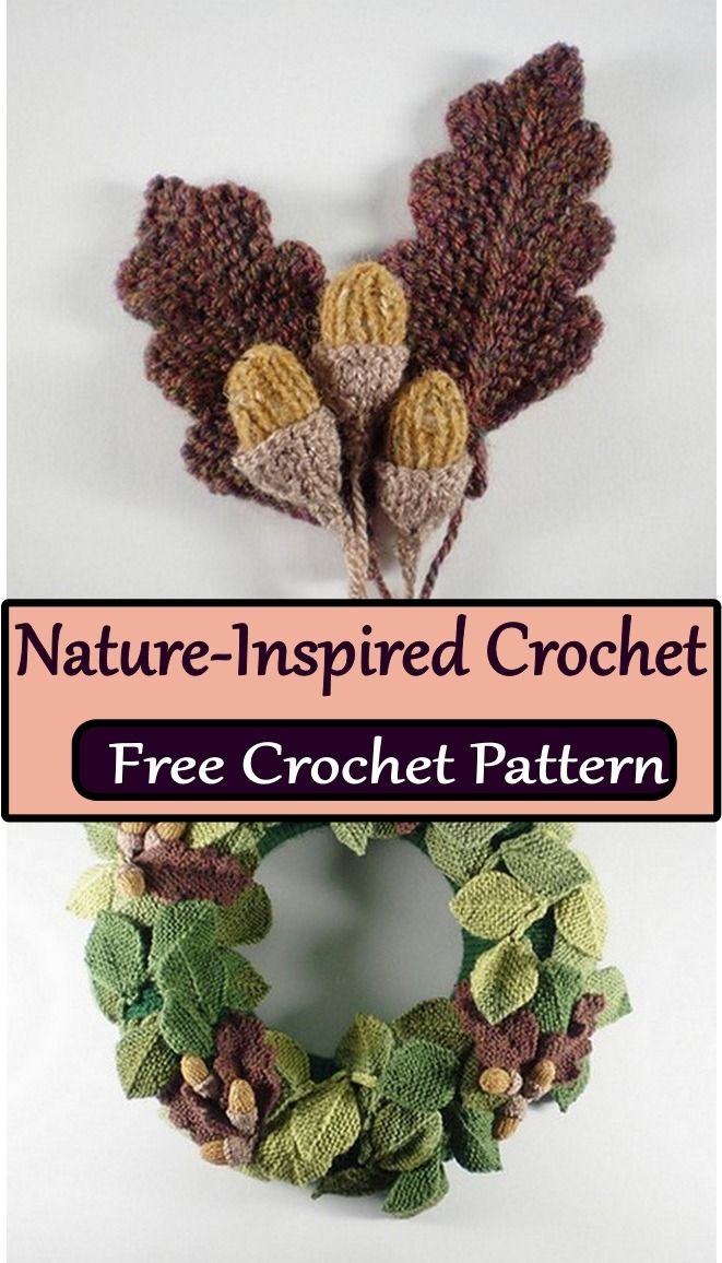 two crocheted wreaths with leaves and acorns on them, one is brown and the other is green