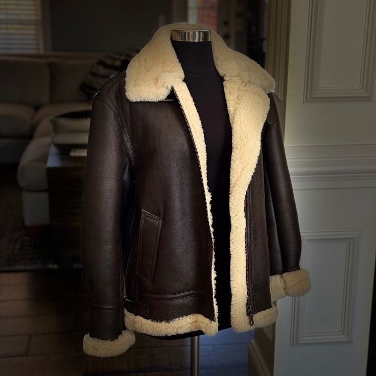 Gorgeous, One-Of-A-Kind, Never Worn, 100% Genuine Sheepskin Shearling B-3 Aviator/Bomber Jacket. Custom Made By Pop’s Custom Leather. Pop’s Is World Renowned For Exquisite Quality And Has Been Producing High Quality Leather Goods Since 1960. My Husband Bought This For Me While On A Military Deployment. It Has Been Stored Since Then. The Weather Doesn’t Get Really Cold Here So It Has Never Been Worn. It Is Made From Pure “One Face” Sheepskin With Leather, Which Is One Of The Most Expensive Types Sheepskin Aviator Jacket With Faux Fur Lining, Classic Shearling Aviator Outerwear, Classic Aviator Shearling Outerwear, Fitted Shearling Outerwear With Padded Collar, Sheepskin Aviator Outerwear For Fall, Winter Sheepskin Aviator Leather Jacket, Winter Aviator Sheepskin Leather Jacket, Luxury Aviator Outerwear For Fall, Sheepskin Aviator Outerwear With Padded Collar