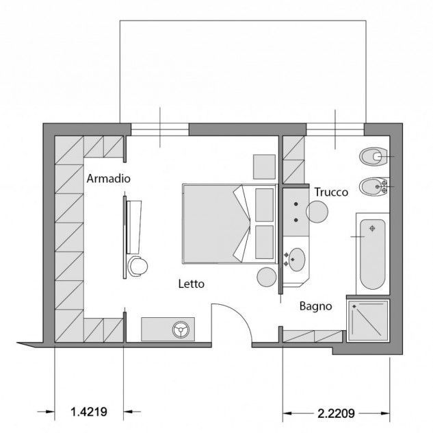 the floor plan for a studio apartment with one bedroom and an attached living room area