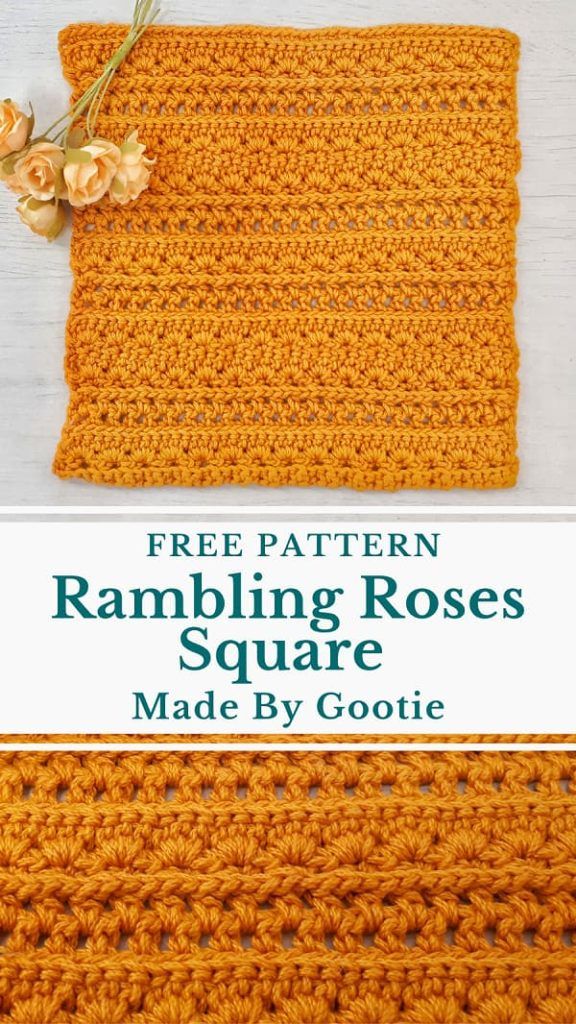 an orange crocheted square with text that reads free pattern rambling roses square made by