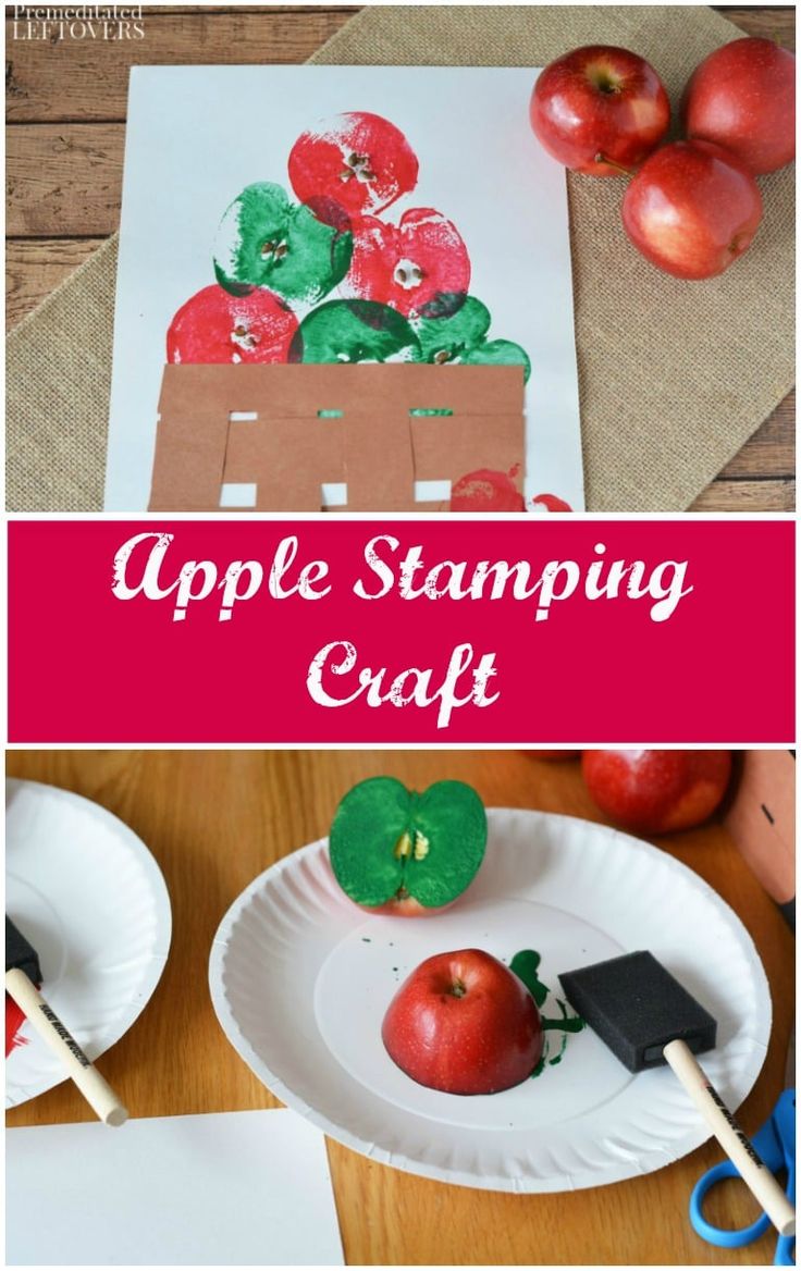 an apple stamping craft for kids to make with paper plates, scissors and apples