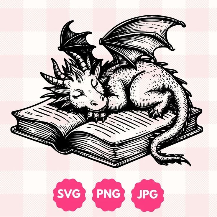 a dragon sleeping on top of an open book with the words svg png