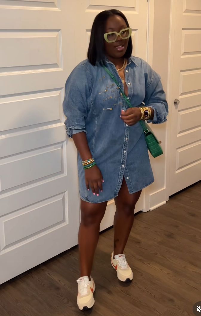 Denim Shirt Dress Outfit Summer, Jean Dress Outfit Black Women, Denim Dress Outfit Black Women, Graduation Attendee Outfit, Dress And Sneakers, Dress And Sneakers Outfit, Classy Streetwear, My Personal Style, Summer Attire