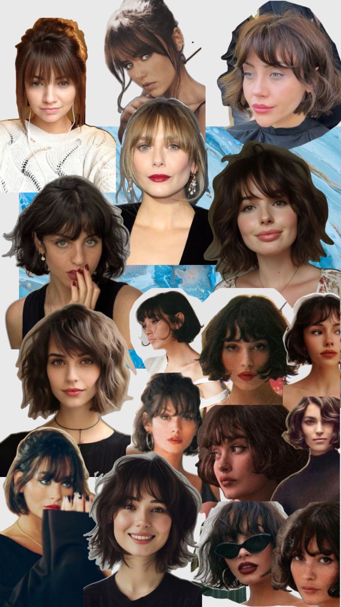 many different pictures of women with short hair and bangs, all in different styles on their faces