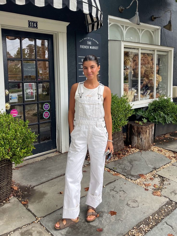 Women's Overalls curated on LTK Off White Overalls Outfit, Classy Overall Outfits, White Overalls Outfit Fall, White Overalls Outfit Winter, Barrel Overalls Outfit, Overalls Outfit Summer Aesthetic, White Overall Outfit, Cream Overalls Outfit, Tan Overalls Outfit