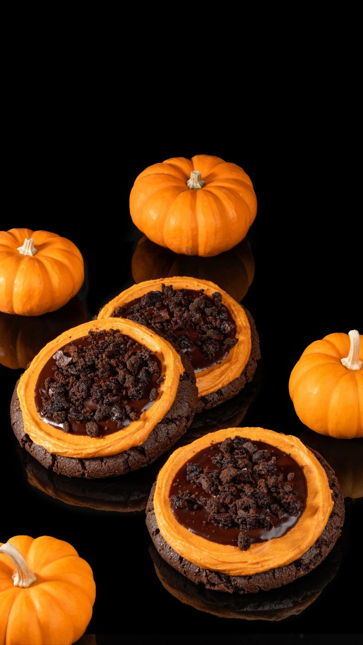 pumpkins and chocolate cookies are arranged on a black surface with one cookie in the middle