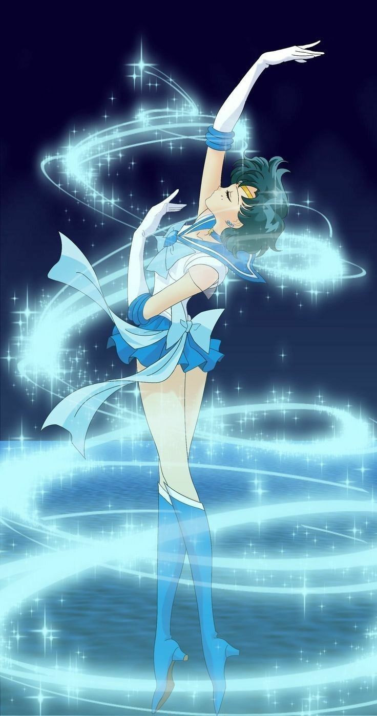 an anime character is standing in the water with her arms outstretched and legs spread out