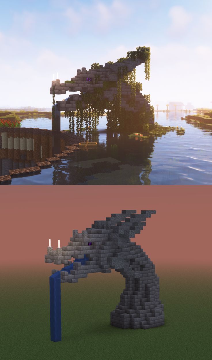 two different views of the same area with water and buildings in it, one is made out of lego blocks