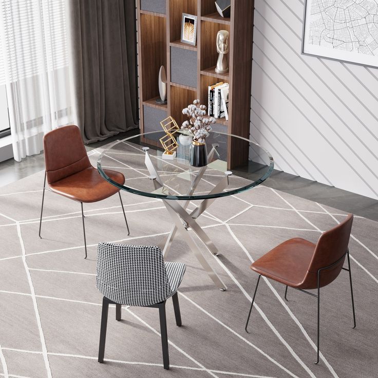 a glass table with chairs around it in front of a bookshelf and window