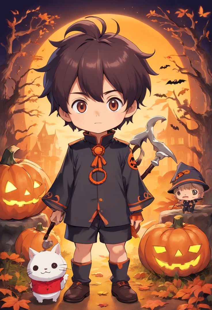 an anime character standing in front of pumpkins