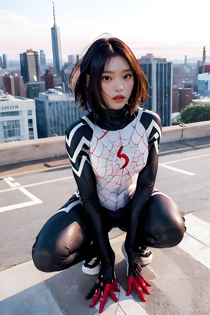 a woman in spider suit kneeling down on the ground