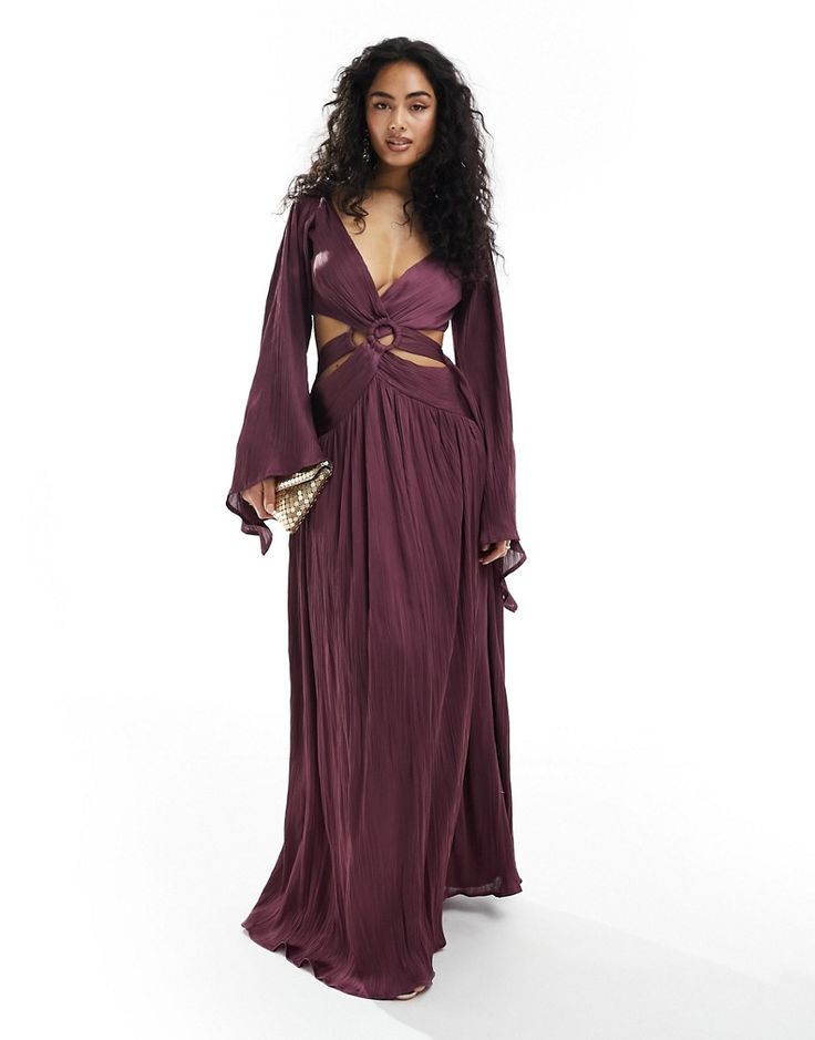 Dresses by ASOS DESIGN Best dressed: secured Plunge neck Wrap front with ring details Flared sleeves Open back Back zip closure Regular fit Maxi Dress With Kimono, Dress With Kimono, Winter Party Dress, Long Sleeve Floral Dress, Best Dressed, Satin Slip Dress, Neck Wrap, Kimono Sleeve, Black Wrap Dress