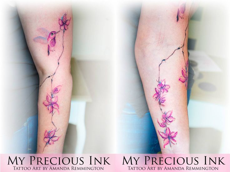 two tattoos with pink flowers on their arms and legs, one is in the process of being inked