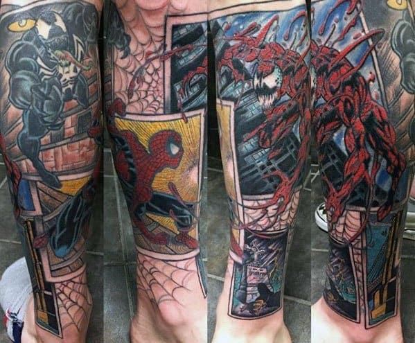 the legs are covered with tattoos and designs on them, including spider - man's feet