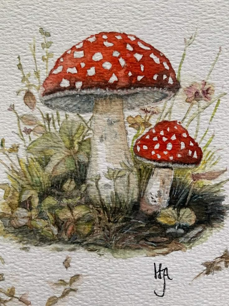 a painting of two mushrooms in the grass