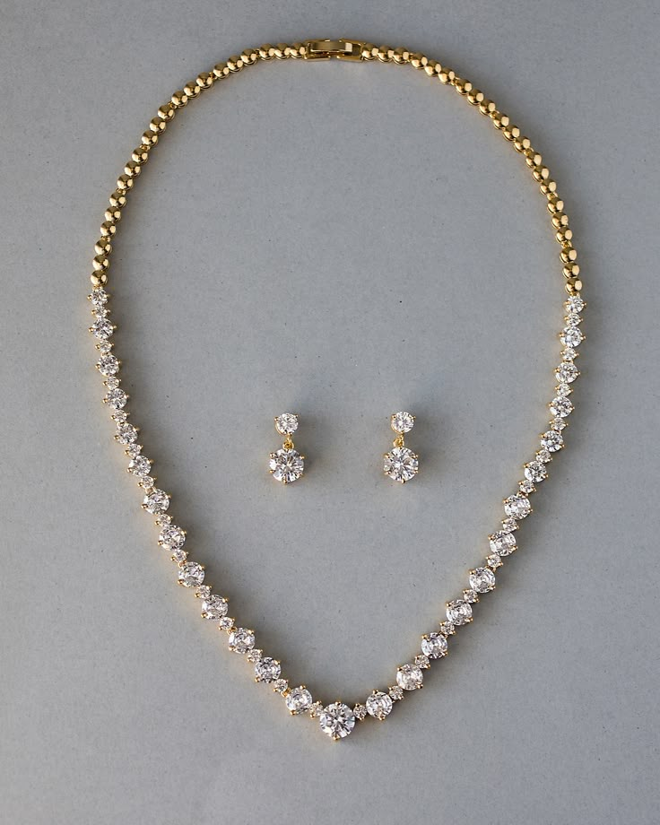 Gold Tennis Style CZ Necklace - Cassandra Lynne Modern Indian Jewelry Necklaces, Elegant Gold Necklace Set, 15 Jewelry Set, Gold And Diamond Necklace Set, Gold Jewelry Diamond, Elegant Gold Jewelry Set, Gold Jewelry With Diamonds, One Stone Necklace, Small Stone Earrings Gold