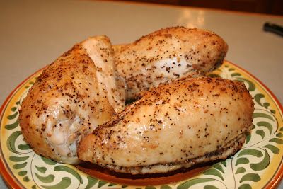 two pieces of chicken on a colorful plate