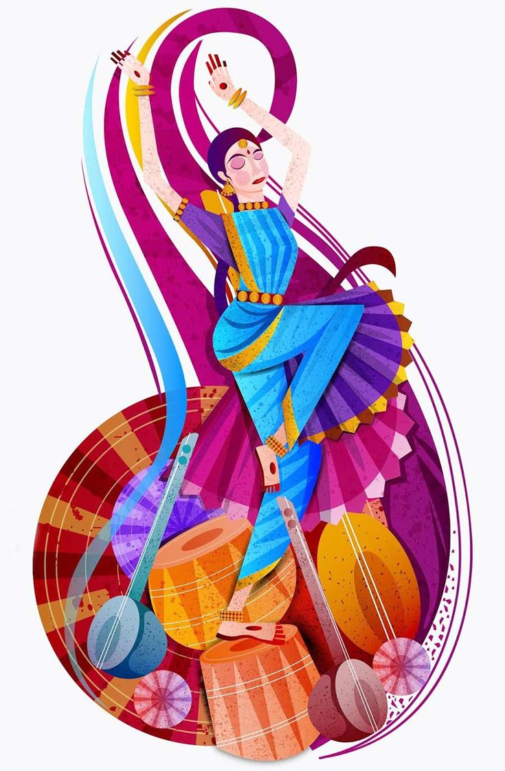 an artistic painting of a woman dancing with her arms in the air, surrounded by colorful objects