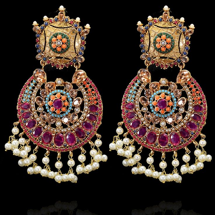 Elegant Jeweled Chandbali Pearl Earrings, Traditional Jeweled Pearl Earrings For Party, Bollywood Style Jeweled Bridal Earrings For Reception, Elegant Jeweled Pearl Earrings For Festive Occasions, Elegant Danglers With Stone Work For Reception, Elegant Festive Jeweled Danglers, Fusion Kundan Chandelier Earrings For Reception, Elegant Kundan Jeweled Danglers, Elegant Kundan Jeweled Chandelier Earrings