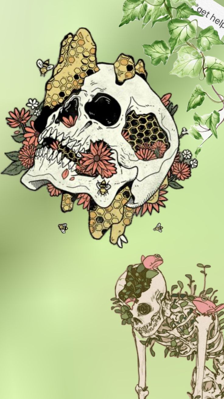 a drawing of a skull with flowers and butterflies on it's head, in front of a green background