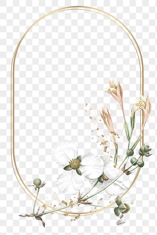 an oval gold frame with flowers and leaves on the bottom, transparent background png