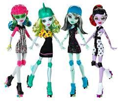 three dolls with different hair and makeup are standing next to each other on roller skates