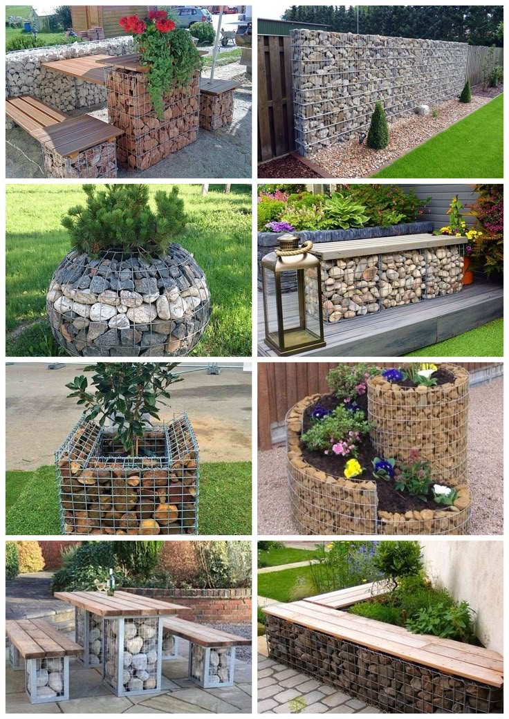 several pictures of different types of outdoor furniture made out of rocks and stones, with plants growing in them