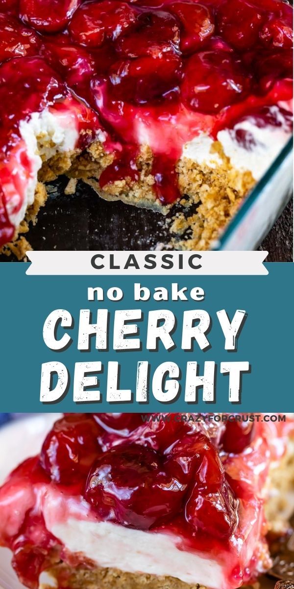 no bake cherry cheesecake dessert is shown with the words classic on top and below it