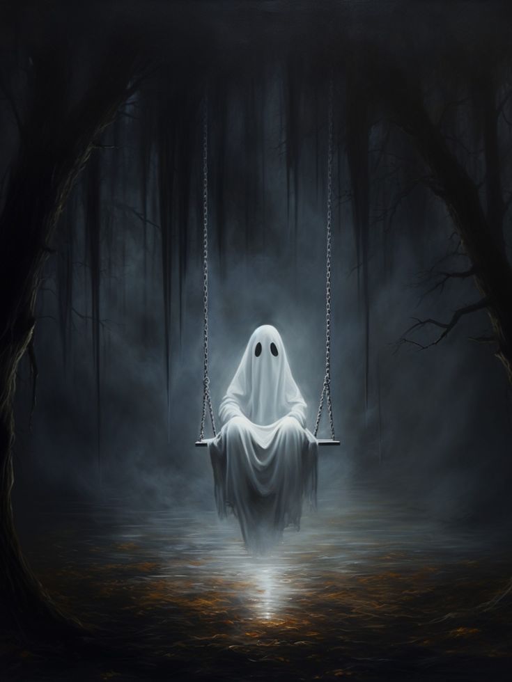 An oil painting of a ghost on a swing in a dark forest. Gothic Art Victorian, Ghost Art Cute, Victorian Gothic Art, Paintings Halloween, Home Decor Glam, Diy Home Decor Bohemian, Cottagecore Artwork, Art Print Quotes, Ghost Artwork