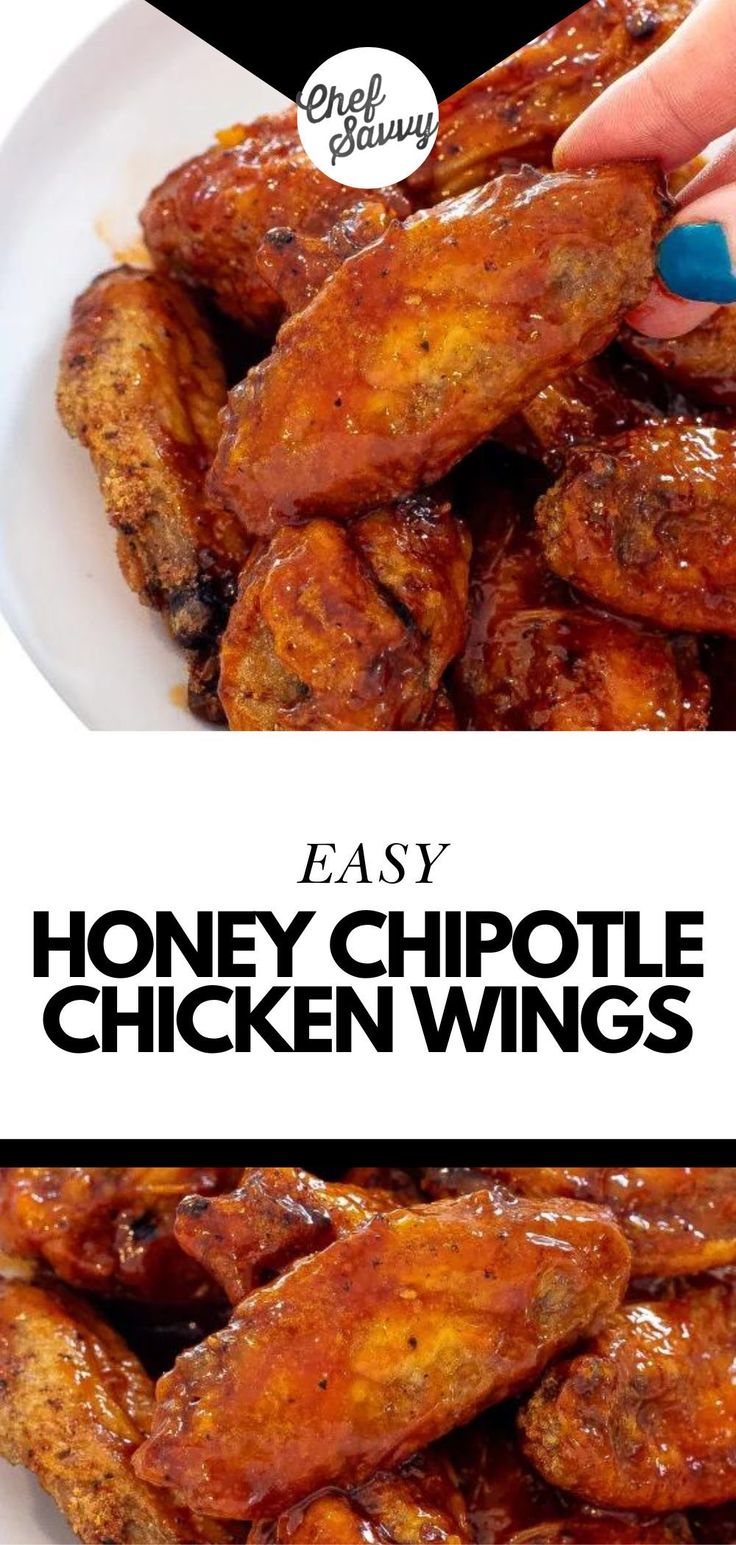 honey chipotle chicken wings on a white plate with text overlay that reads easy honey chipotle chicken wings