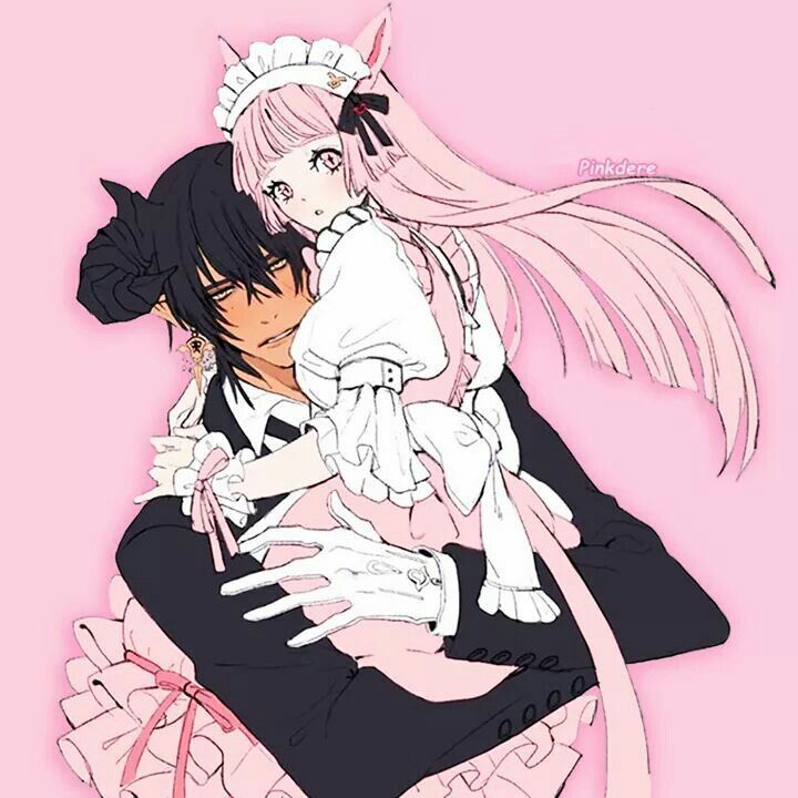 two anime characters hugging each other in front of a pink background