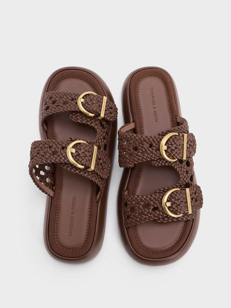 Comfort is given an elevated aesthetic with these sandals. Woven straps imbue the dark brown finish with a subtle tactility, while gold-toned buckles add polish. These details elevate the classic slip-on style, offering a breathable silhouette that can still be dressed up for more formal occasions. Set on flat padded soles, you will want to wear these all day, every day. Charles And Keith Shoes, Charles Keith, Buckle Sandals, Brown Sandals, Slide Sandals, Dark Brown, Heel Height, Shoe Bag, Slip On