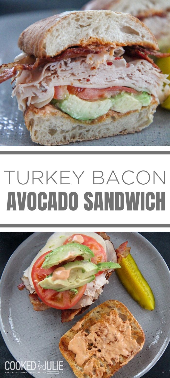 turkey bacon avocado sandwich with pickle on the side, and another photo of an avocado sandwich