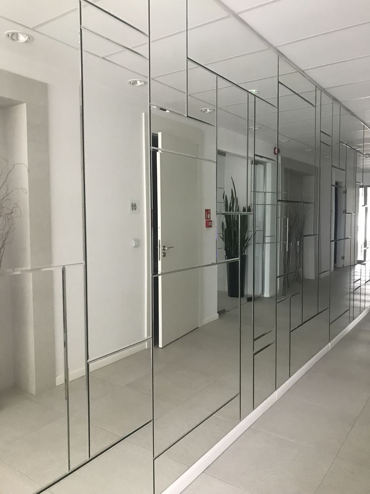 an empty room with mirrors on the wall and plants in vases behind glass doors