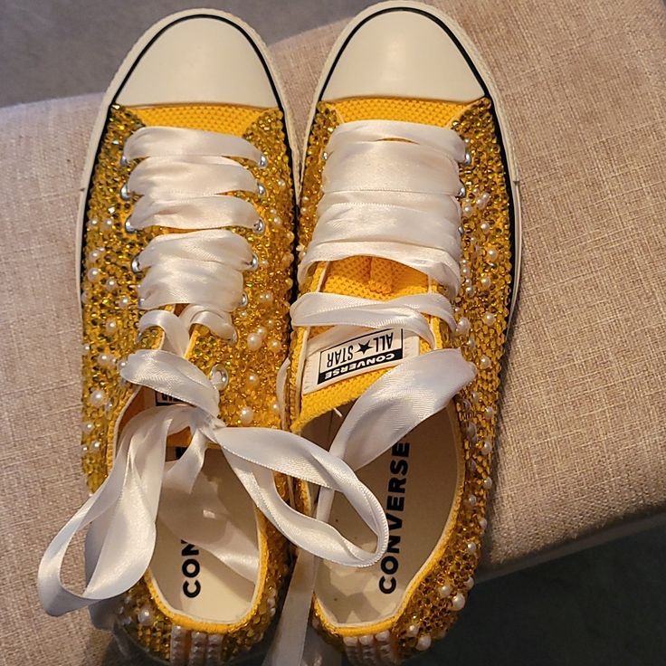 New Custom Converse Shoes. Satin Laces, Rhinestones And Pearls. Gold Sneakers With Rhinestones And Round Toe, Embellished Gold Sneakers With Round Toe, Gold Rhinestone Sneakers With Round Toe, Gold Embellished Sneakers With Round Toe, Gold Embellished Round Toe Sneakers, Gold Embellished Lace-up Sneakers, Gold Embellished Party Sneakers, Converse Sneakers With Rhinestones And Round Toe, Bridesmaid Converse