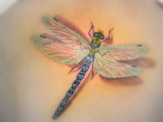 a dragonfly tattoo on the back of a woman's shoulder, with blue and yellow wings