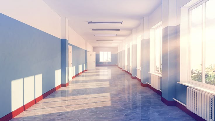 an empty hallway with blue walls and red trim