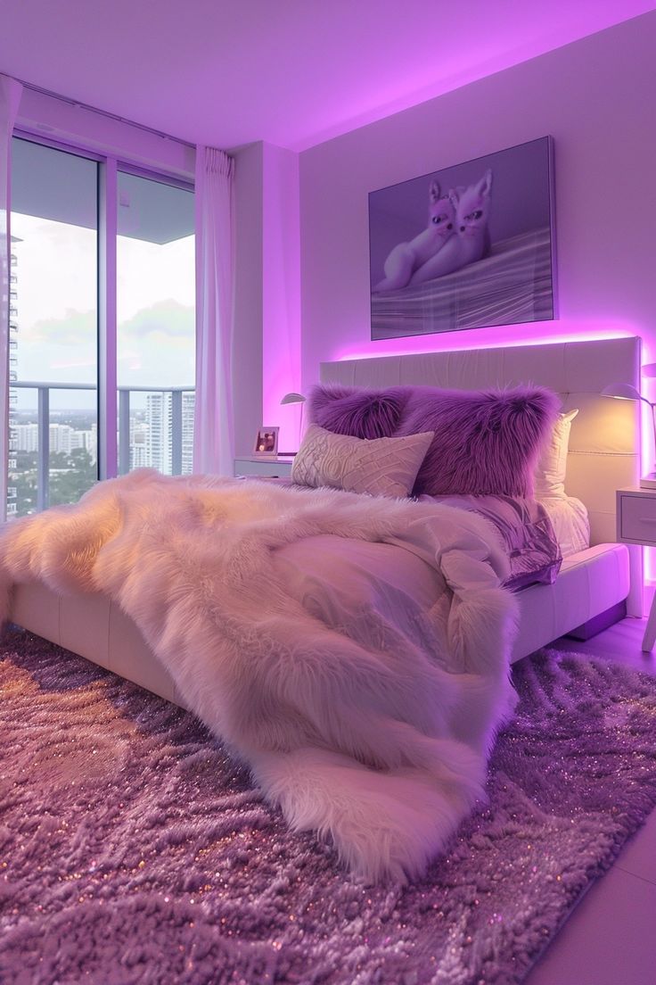 a bedroom with purple lighting and white fur on the bed, along with large windows