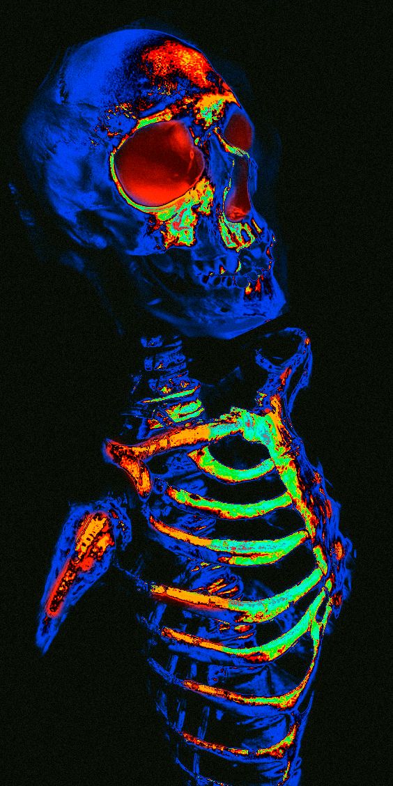 an image of a skeleton in the dark with neon colors on it's body