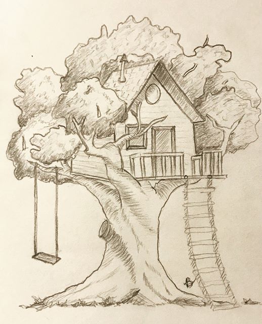 a pencil drawing of a tree house with a swing set on it's trunk