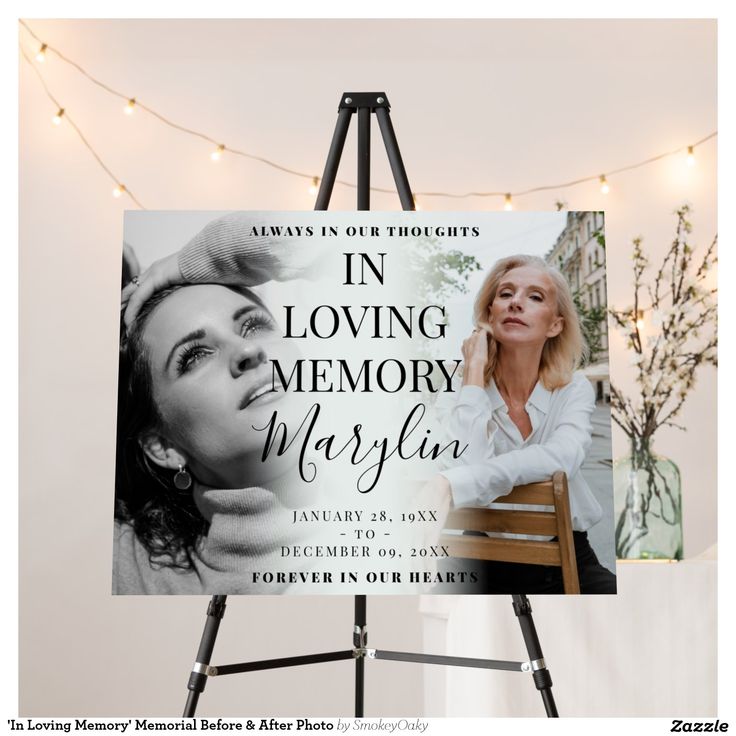 an easel with a memorial poster on it