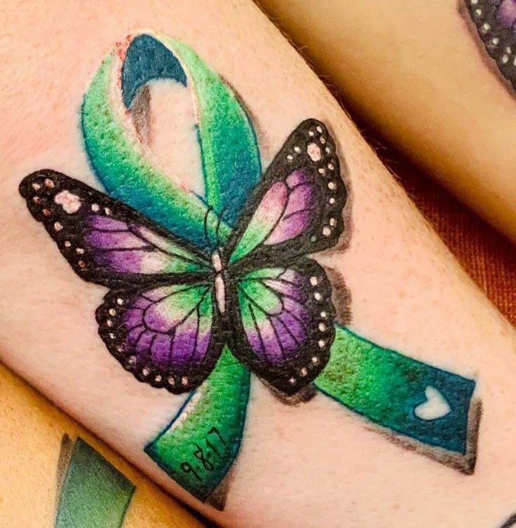 two tattoos on the legs of people with green and purple ribbons