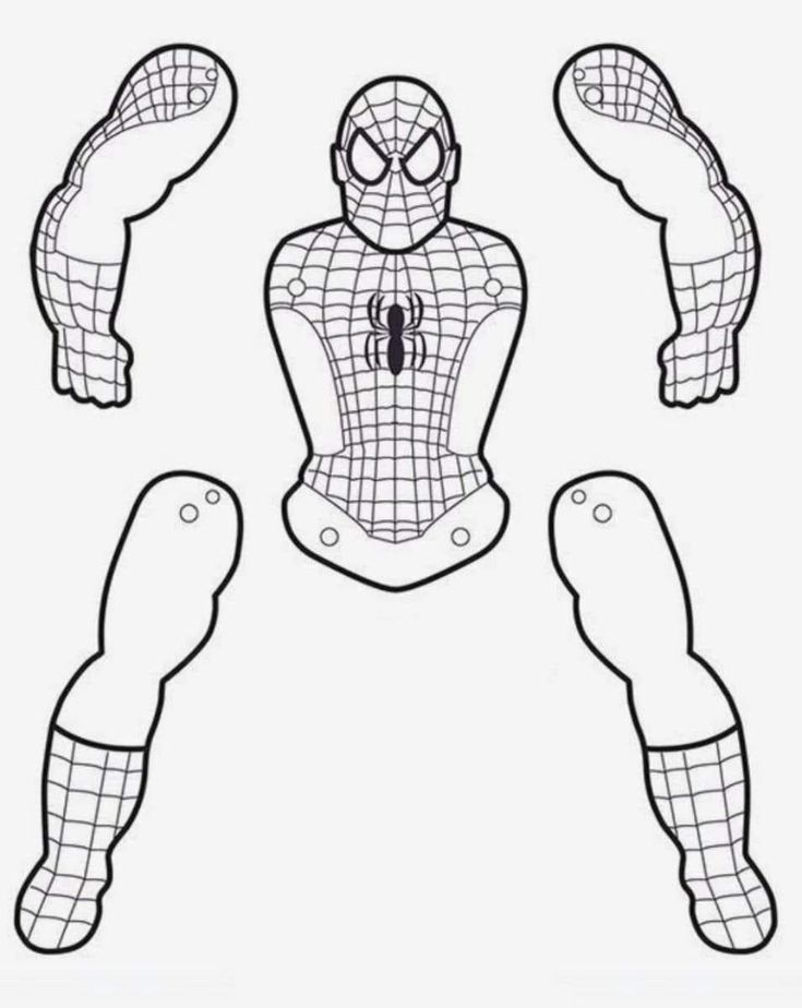 the spiderman paper doll is shown in black and white, as well as his hands