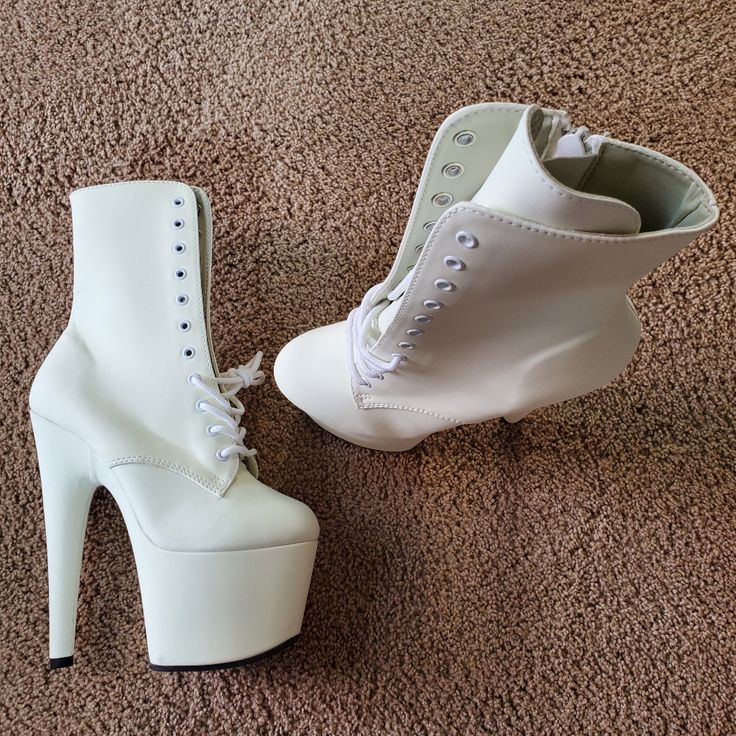 Bnwt!!! Only Wore To Try On. Such Unique Booties! Seriously In Love With These And Wish I Didn't Have To Sell Them. I Bought The Wrong Size And They Don't Fit Me...Wayyy Too Small :'( I'm A Size 5.5 And These Are True To Size. Only Recommend Purchasing If You're A True Size 4.5 Or 5. White Platform Heels Ankle-high, White Synthetic Boots For Party, White High Ankle Boots For Party, White Fitted Ankle-high Platform Boots, Fitted White Ankle-high Platform Boots, White Synthetic Party Boots, White Party Boots With Reinforced Heel, White Platform Boots With Reinforced High Heel, White Synthetic Platform Boots With Pointed Toe