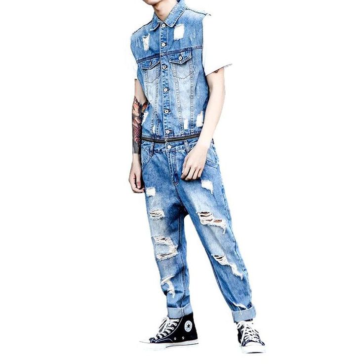 Make a statement this season with our 2023 Spring-Summer Collection of distressed bare-shoulder men's denim overalls! Crafted with an edgy distressed pattern for a modern street style. these overalls offer a blend of contemporary fashion and nostalgic grunge. With a slim fit and a seamless blend of a resilient zipper and stylish button closure. these overalls deliver both functionality and flair. Crafted with premium quality denim for durability. our overalls are the ultimate expression of grung Summer Dark Wash Relaxed Fit Denim Vest, Summer Denim Vest In Dark Wash With Relaxed Fit, Casual Distressed Jeans For Summer, Casual Summer Distressed Jeans, Summer Denim Vest With Relaxed Fit, Summer Casual Distressed Jeans, Summer Relaxed Fit Denim Vest, Ripped Denim Blue Vest For Summer, Summer Ripped Denim Blue Vest